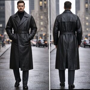 Giorgio Fellini Men’s Leather Trench Coat Black Belted Size 3XL